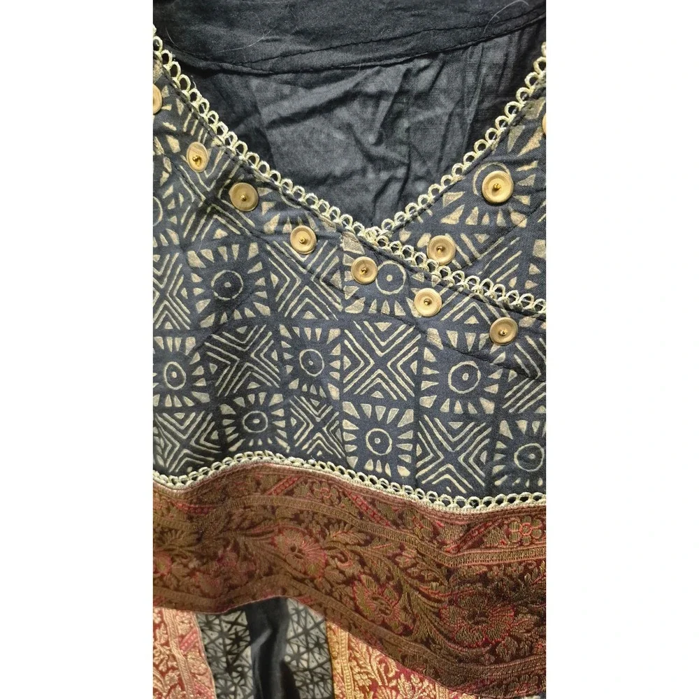 VINTAGE Handmade Kurta Dress Boho Prairie Geometric Print Red‎ Gold Size M L